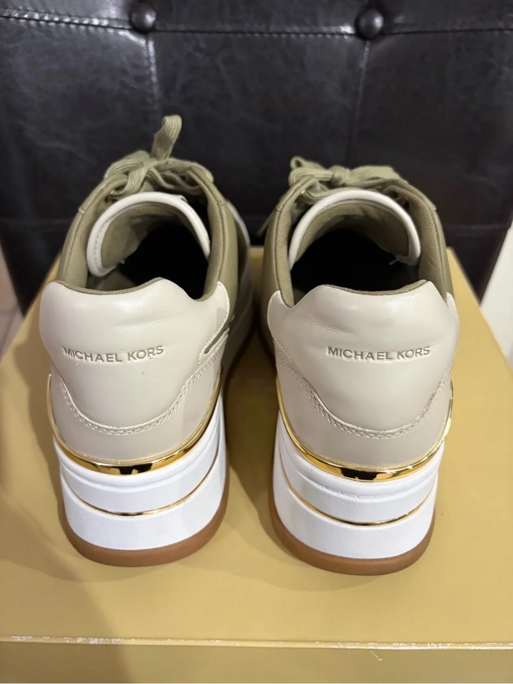 MICHAEL Michael Kors Hayes Lace Up Leather Platform Sneakers Green Beige White